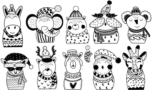 Animales lindos de Navidad en blanco y negro: oso, tigre, koala, ciervo, búho, lama, mapache, jirafa y otros. Acogedor conjunto de personajes de dibujos animados. Concepto Navidad y Año Nuevo. Ilustración vectorial — Vector de stock