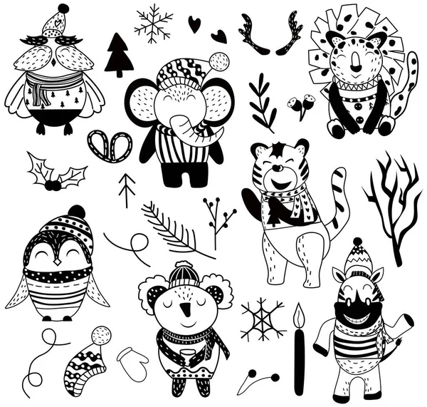 Blanco y negro Lindo Navidad Animales, león, búho, cebra, tigre, koala, elefante. Acogedor conjunto de personajes de dibujos animados de estilo escandinavo. Concepto Navidad y Año Nuevo. Ilustración vectorial. — Vector de stock