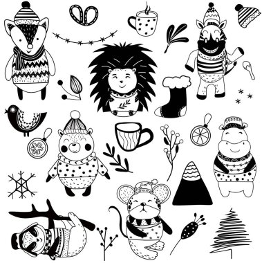 Siyah ve beyaz şirin Noel Hayvanlar, tilki, ayı, fare, zebra ve Noel elementleri. Samimi çizgi film karakteri seti. Çocuk odası sanatı. İskandinav tarzı. Vektör illüstrasyonu.