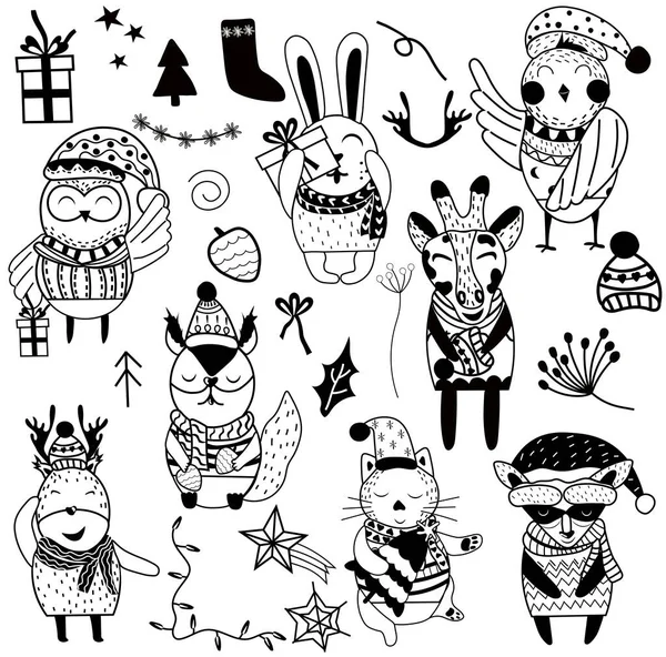 Siyah beyaz şirin Noel Hayvanı, rakun, baykuş, tavşan, kedi, zürafa ve Noel elementleri. Samimi çizgi film karakteri seti. Çocuk odası sanatı. İskandinav tarzı. Vektör illüstrasyonu.