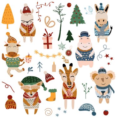 Koleksiyon Noel Hayvanı, koala, sevimli geyik, su aygırı, rakun, zürafa ve Noel elementleri. Samimi çizgi film karakteri seti. Çocuk odası sanatı. İskandinav tarzı. Vektör illüstrasyonu.