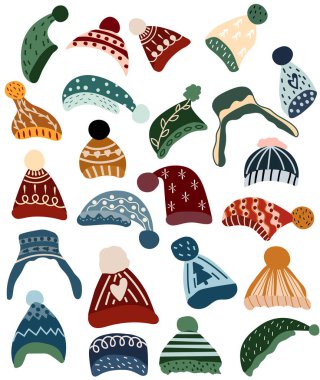 Beyaz arka planda Noel şapkaları koleksiyonu. Kış giysileri İskandinav tarzı. Noel ve Yeni Yıl kavramları. Vektör illüstrasyonu.