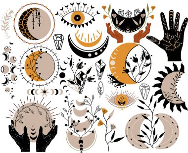 Göksel Boho Moon evresi. Mistik ilahi ay, mistik el, kristal, yaprak, çiçekler. Bohem Büyücülük Ayı. Gizemli Ay seti. Vektör illüstrasyonu