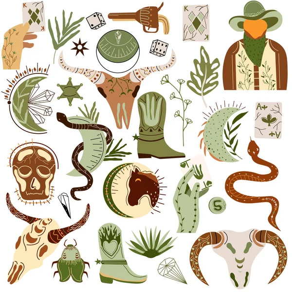 Colección del Salvaje Oeste. Cráneo, sheriff, cráneo de búfalo, cactus, serpiente, tarjeta, bota de vaquero, arma, luna, sol. Más al viejo oeste. Ilustración vectorial — Vector de stock