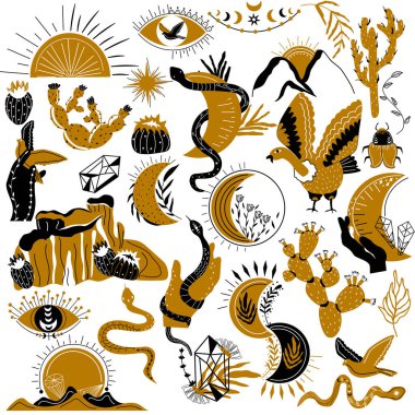 Vahşi batı. Mistik yılan, kaktüs, yıldız, yaprak, ozan, ay, güneş, kabuk, yılanlı el. Eski batı. Vektör illüstrasyonu.