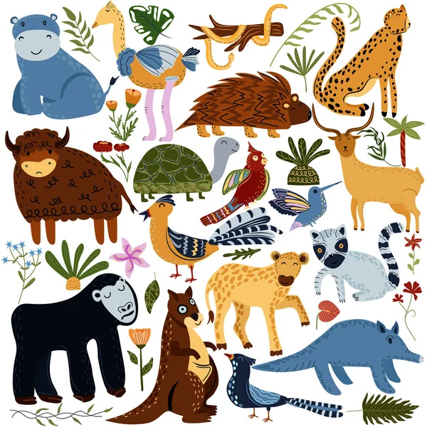 ジャングル動物やエキゾチックな熱帯の葉のセット。アフリカの動物、オウム、ヒョウ、バイソン、カメ、ハイエナ、ダチョウ、カバ、ヤシの木。サファリかわいい動物。ベクターイラスト — ストックベクタ