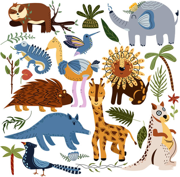 Set of jungle animals and exotic tropical leaves. African animals, parrots, hummingbirds, giraffes, sloths, elephants, kangaroos, ostriches and palm trees. Cute Animals safari. Vector illustration