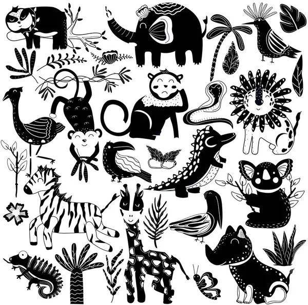 Conjunto de animales de la selva en blanco y negro y hojas tropicales exóticas. Animales africanos, perezosos, aves, elefantes, koala, jirafas, flamenco, rinocerontes, cocodrilos, monos y palmeras. Animales lindos. Vector — Archivo Imágenes Vectoriales