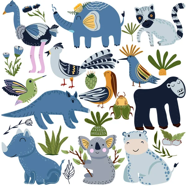 Colección de aves y animales de la selva. Aves africanas, hipopótamos, rinoceronte, colibrí, avestruz, koala, elefante, lémur, mono, hojas tropicales exóticas. Ilustración vectorial — Vector de stock