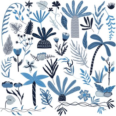 Büyük tropik yapraklar ve palmiye ağaçları. Palmiye yaprakları, çiçekler, botanik yapraklar tasarımınız için. Vektör illüstrasyonu