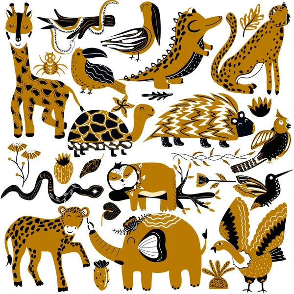 Συλλογή από ζώα της ζούγκλας.Χελώνα, λεοπάρδαλη, καμηλοπάρδαλη, παπαγάλοι, κολιμπρί, κροκόδειλος, ύαινα, βραδύπους, ελέφαντας, φίδι. Γλυκά ζώα. Εικονογράφηση διανύσματος — Διανυσματικό Αρχείο