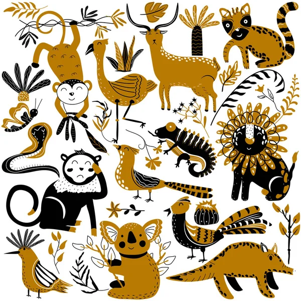 Colección de animales y aves de la selva. Hoopoe, lémur, mono, león, camaleón, faisán, flamenco, serpiente. Animales lindos. Ilustración vectorial — Vector de stock