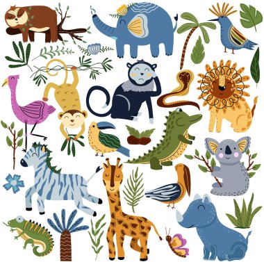 Orman hayvanları ve egzotik tropik yapraklar. Afrika hayvanları, tembel hayvan, kuş, fil, koala, zürafa, flamingo, gergedan, timsah, maymun ve palmiye ağaçları. Sevimli hayvanlar. Vektör