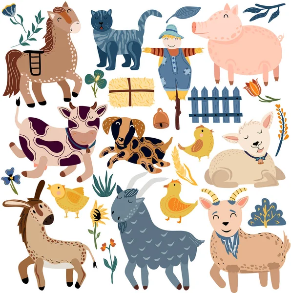 Granja con mascotas, gato, cerdo, cabra, caballo, burro, vaca. Animales lindos en colores pastel. Animales de granja rurales sobre un fondo blanco. Animales del Boho. Ilustración vectorial. — Vector de stock