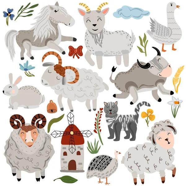 Φάρμα με κατοικίδια, γάτα, χήνα, πρόβατα, πόνυ, κατσίκα, ταύρος. Χαριτωμένα ζώα σε παστέλ χρώματα. Χωριό ζώα αγρόκτημα σε λευκό φόντο. Ζώα Boho. Εικονογράφηση διανύσματος — Διανυσματικό Αρχείο