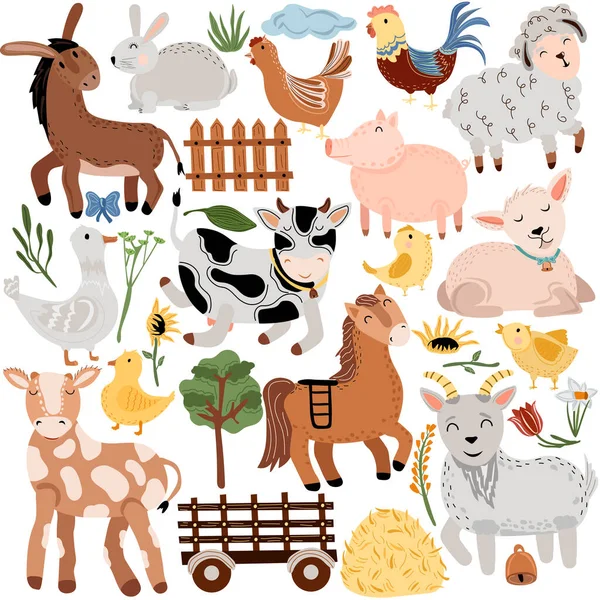 Gran conjunto de granja con animales. Mascotas, cabra, burro, cerdo, vaca, pollo, carretilla, heno, flores y más. Lindos animales de granja para su diseño. Animales de estilo boho. Ilustración vectorial. — Vector de stock