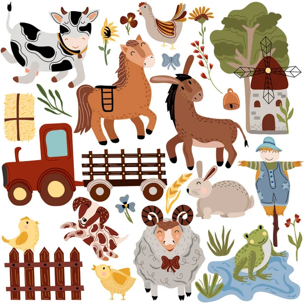 Gran conjunto de granja con animales. Mascotas, perro, oveja, burro, vaca, pollo, camión de granja con carretilla, espantapájaros, molino de viento, flores y más. Lindos animales de granja para su diseño. Animales de estilo boho. Vector — Vector de stock