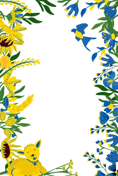 葉、花、ひまわり、小麦、子羊と黄色と青の色の垂直ポスター。植物要素。ベクターイラスト. — ストックベクタ
