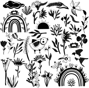 Siyah ve beyaz botanik elementler ve kuş, gökkuşağı, bulut, ayçiçeği, buğday ve diğerleri. İskandinav tarzı. Vektör illüstrasyonu