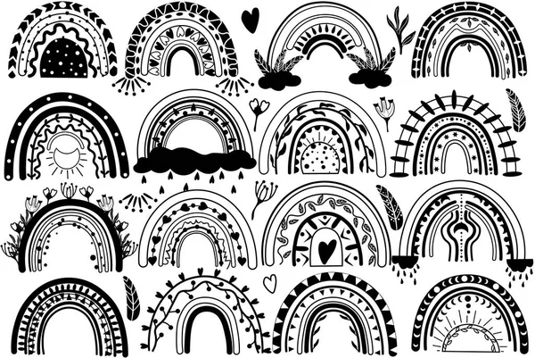 Συλλογή boho ουράνια τόξα με καρδιές, λουλούδια, φύλλα, σύννεφο. Σύγχρονη εικονογράφηση σε μαύρο και άσπρο χρώμα. Σκανδιναβικό στυλ. Εικονογράφηση διανύσματος — Διανυσματικό Αρχείο