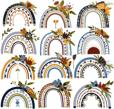 Boho gökkuşağı ve kır çiçekleri, yapraklar. Pastel renklerde bohem gökkuşakları. İskandinav tarzı. Doodle Modern koleksiyon çizimleri. Vektör.