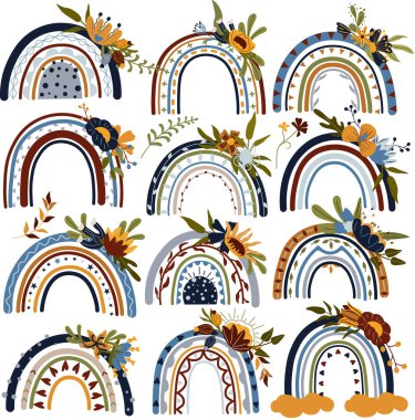 Çiçek buketleri, ayçiçekleri, kır çiçekleri ve yapraklarla dolu mistik gökkuşakları. Pastel renklerde bohem gökkuşakları. İskandinav tarzı. Modern koleksiyon çizimleri. Vektör.