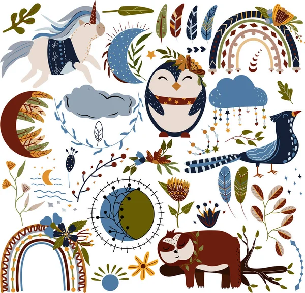 Bohemian animals, bird, rainbow, flowers and other. Sbírejte moderní ilustrace v pastelových barvách. Vektorová ilustrace — Stockový vektor
