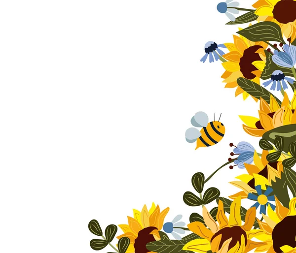 Collection de tournesols de fleurs sauvages et d'insectes. Tournesols jaune vif. Affiche pour votre design. Illustration vectorielle. — Image vectorielle