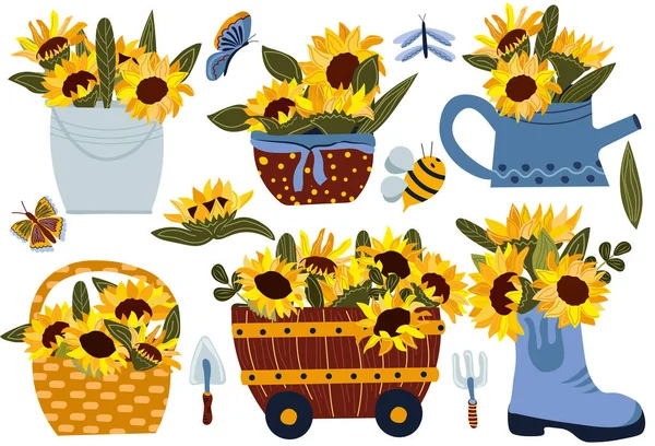 Kolekcja słoneczników i dzikich kwiatów. Bukiet jasne żółte słoneczniki w wiadrze, konewce, buty i taczki ogrodowe. Ilustracja wektora — Wektor stockowy