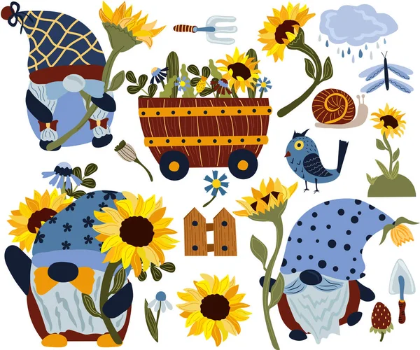 Collection gnomes holding a sunflower, gardening instruments, insect, bouquets wildflowers in garden wheelbarrow. Bright sunflowers. Vector illustration — Stockvektor