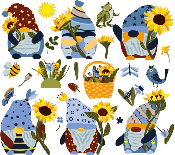 Set of cartoon gnomes holding a sunflower on white background. Bouquets wildflowers in basket, bright sunflowers, insect, bird. Vector illustration — Stockvektor
