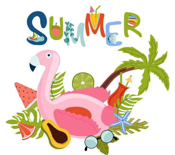 Set aus niedlichen Elementen, aufblasbarem Flamingo-Spielzeug, tropischer Palme, Papaya, Muschel und anderen. Sommerkomposition perfekt für Postkarte, Scrapbooking, Strandparty. Sommerbuchstaben. Vektor — Stockvektor