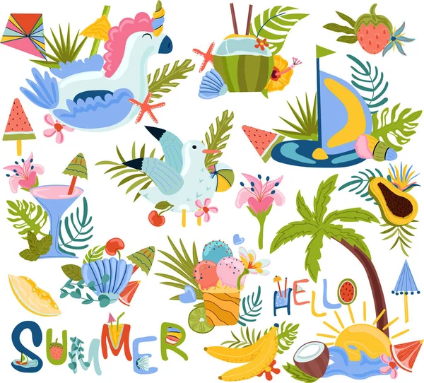 Set of cute Summer compositions, inflatable unicorn toy, tropical leaves, fruit, cocktails, palm and other. Hello summer lettering, hot season. Vector illustration. — Vetor de Stock