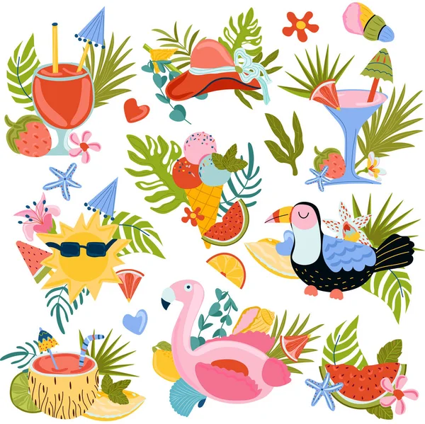 Set of cute Summer compositions, inflatable flamingo toy, tropical leaves, fruit, cocktails, toucan and other perfect for postcard, scrapbooking, beach party. Hot season. Vector illustration — Stockvektor