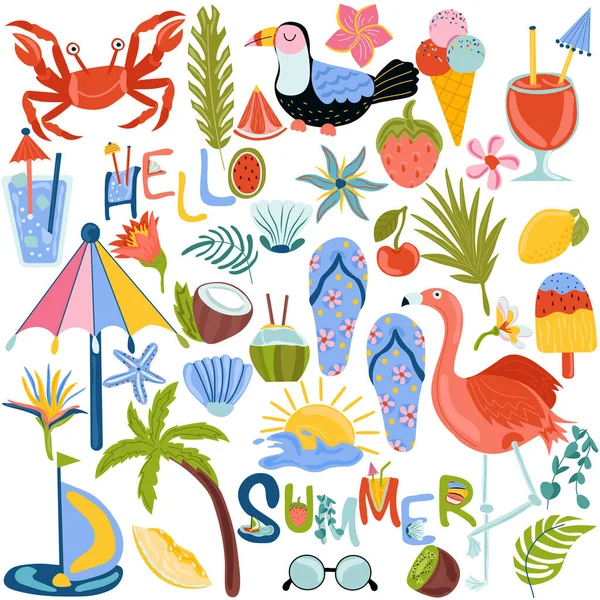 Set of summer elements of tropical leaves, palm trees, exotic fruits, flamingo, cocktails, toucan and others. Hello summer lettering. The is perfect for postcards, scrapbooking, beach parties — Vetor de Stock