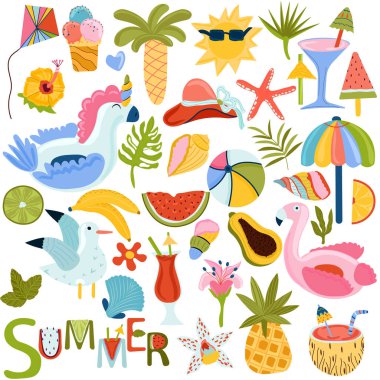 Tropikal yapraklar, palmiye ağaçları, egzotik kokteyller, dondurma, şişme flamingo, tek boynuzlu at, egzotik meyveler ve diğerleri. Yazlık mektuplar. Vektör illüstrasyonu