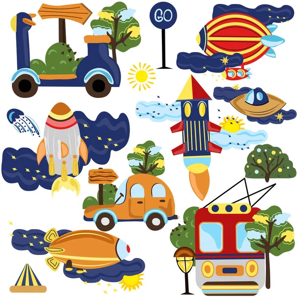 Cute compositions, collection of different types of transport, flying rocket between the clouds, scooter, tree, taxi, clouds, spaceship and other. Vector illustration — Wektor stockowy