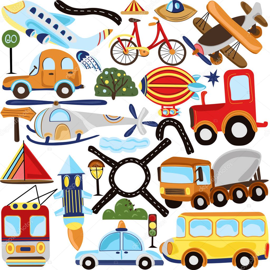 Collection of different types of road, air and underwater transport. Police car, plane,cargo automobile, rocket, bicycle, traffic signs and more.Icon ideal for postcards, scrapbooking, posters.Vector 