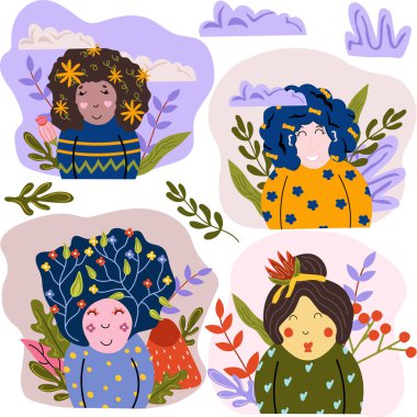 Beautiful womens with different hair style and skin color. Cute compositions with Flowers, leaves, different women, clouds, ideal for postcards, scrapbooking, posters. Vector illustration.