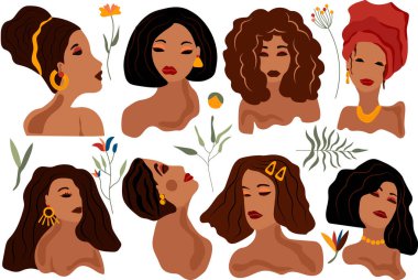 Fashionable womans with different hair style. Collection womans and leaves ideal for postcards, scrapbooking, posters, avatar isolated on white background. Vector illustration.