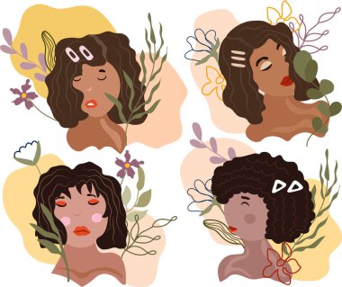 Beautiful woman with different hair style. Collection trending poster with flowers, leaves, different woman. Abstract women in pastel colors. Vector illustration.
