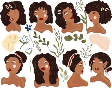 Beautiful black womans with different hair style and face types. Trending womans with flowers, leaves. Collection Abstract women. Vector illustration.