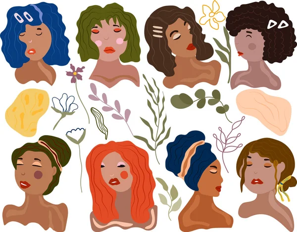Collection Beautiful womans with different hair style, skin color and face types. Trending womans with flowers, leaves. Vector illustration.