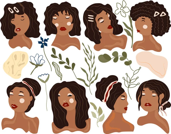 Beautiful black womans with different hair style and face types. Trending womans with flowers, leaves. Collection Abstract women. Vector illustration.