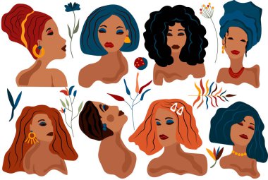 Fashionable womans with different hair style. Collection womans and leaves ideal for postcards, scrapbooking, posters, avatar isolated on white background. Vector illustration.