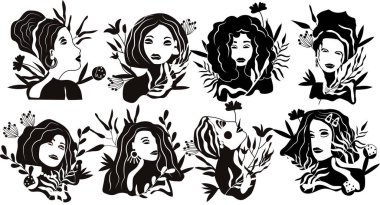 Black and white portraits fashionable womans with different hair style, flowers and leaves. Women collection ideal for postcards, scrapbooking, posters. Trending illustration. Vector.