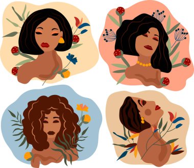Fashionable womans with different hair style, flowers and leaves. Collection womans Portraits ideal for postcards, scrapbooking, posters. Trending art posters. Vector illustration. 
