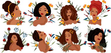 Portraits fashionable womans with different hair style, flowers and leaves. Women collection ideal for postcards, scrapbooking, posters. Trending illustration. Vector.
