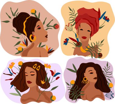 Fashionable womans with different hair style, flowers and leaves. Collection womans Portraits ideal for postcards, scrapbooking, posters. Trending art posters. Vector illustration. 