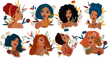 Portraits fashionable womans with different hair style, flowers and leaves. Women collection ideal for postcards, scrapbooking, posters. Trending illustration. Vector.